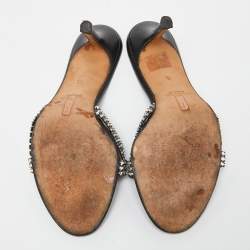 Pre Owned Gina Silver/Black Crystal Embellished Leather Slide Sandals Size 38