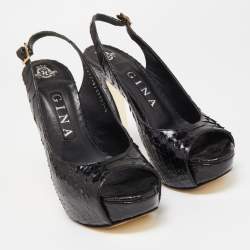 Pre Owned Gina Black Python Leather Slingback Pumps Size 37