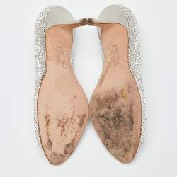 Pre Owned Gina Silver Crystal Embellished Satin Ayres Peep Toe Pumps Size 38.5