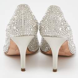 Pre Owned Gina Silver Crystal Embellished Satin Ayres Peep Toe Pumps Size 38.5