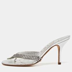 Pre Owned Gina Silver Crystal Embellished Leather Thong Sandals Size 37