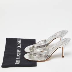Pre Owned Gina Silver Crystal Embellished Leather Thong Sandals Size 37
