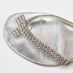 Pre Owned Gina Silver Crystal Embellished Leather Thong Sandals Size 37