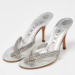 Pre Owned Gina Silver Crystal Embellished Leather Thong Sandals Size 37