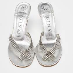 Pre Owned Gina Silver Crystal Embellished Leather Thong Sandals Size 37