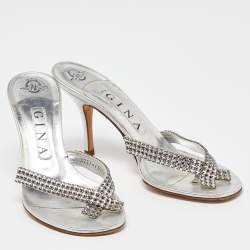 Pre Owned Gina Silver Crystal Embellished Leather Thong Sandals Size 37