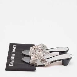 Pre Owned Gina Silver Leather Crystal Embellished Slide Sandals Size 40.5