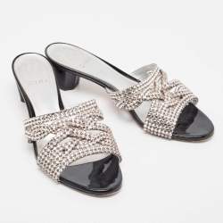 Pre Owned Gina Silver Leather Crystal Embellished Slide Sandals Size 40.5