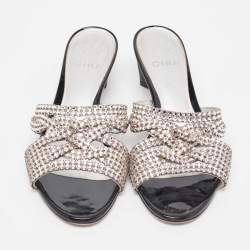 Pre Owned Gina Silver Leather Crystal Embellished Slide Sandals Size 40.5