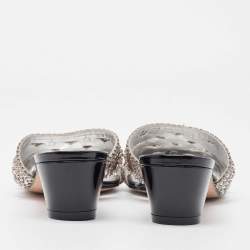 Pre Owned Gina Silver Leather Crystal Embellished Slide Sandals Size 40.5
