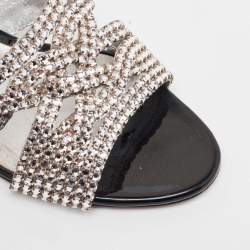Pre Owned Gina Silver Leather Crystal Embellished Slide Sandals Size 40.5