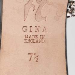 Pre Owned Gina Silver Leather Crystal Embellished Slide Sandals Size 40.5