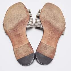 Pre Owned Gina Silver Leather Crystal Embellished Flat Slides Size 37
