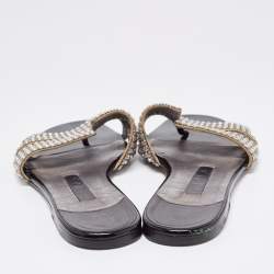 Pre Owned Gina Silver Leather Crystal Embellished Flat Slides Size 37