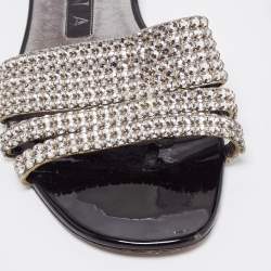 Pre Owned Gina Silver Leather Crystal Embellished Flat Slides Size 37