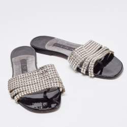 Pre Owned Gina Silver Leather Crystal Embellished Flat Slides Size 37