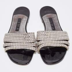 Pre Owned Gina Silver Leather Crystal Embellished Flat Slides Size 37