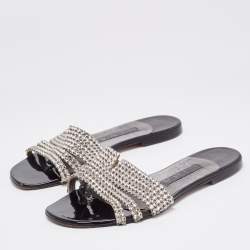 Pre Owned Gina Silver Leather Crystal Embellished Flat Slides Size 37