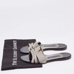 Pre Owned Gina Silver Leather Crystal Embellished Flat Slides Size 37