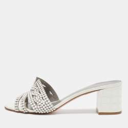 Gina White Crystal Embellished Leather Block Heel Slide Sandals Size 40.5