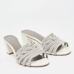 Gina White Crystal Embellished Leather Block Heel Slide Sandals Size 40.5