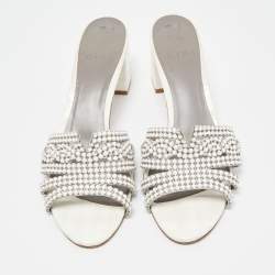 Gina White Crystal Embellished Leather Block Heel Slide Sandals Size 40.5