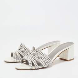 Gina White Crystal Embellished Leather Block Heel Slide Sandals Size 40.5