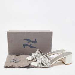 Gina White Crystal Embellished Leather Block Heel Slide Sandals Size 40.5
