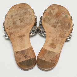 Pre Owned Gina Silver Crystal Embellished Leather Flat Slides Size 36.5