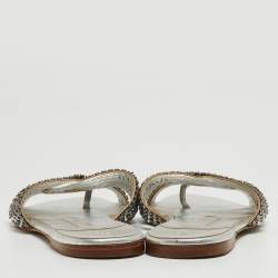 Pre Owned Gina Silver Crystal Embellished Leather Flat Slides Size 36.5