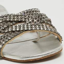 Pre Owned Gina Silver Crystal Embellished Leather Flat Slides Size 36.5
