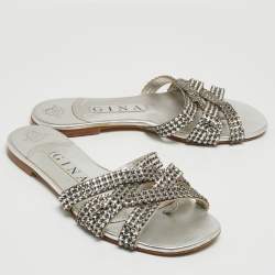 Pre Owned Gina Silver Crystal Embellished Leather Flat Slides Size 36.5