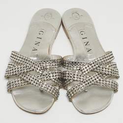 Pre Owned Gina Silver Crystal Embellished Leather Flat Slides Size 36.5