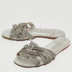 Pre Owned Gina Silver Crystal Embellished Leather Flat Slides Size 36.5
