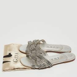 Pre Owned Gina Silver Crystal Embellished Leather Flat Slides Size 36.5