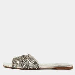 Pre Owned Gina Silver Crystal Embellished Leather Flat Slides Size 36.5