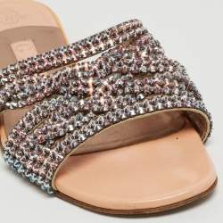 Pre Owned Gina Pink Crystal Embellished Leather Flat Slides Size 37.5