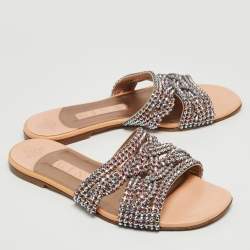 Pre Owned Gina Pink Crystal Embellished Leather Flat Slides Size 37.5