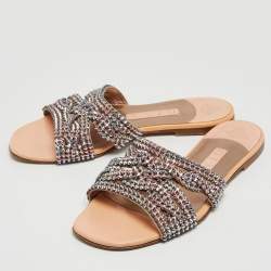 Pre Owned Gina Pink Crystal Embellished Leather Flat Slides Size 37.5