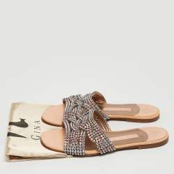 Pre Owned Gina Pink Crystal Embellished Leather Flat Slides Size 37.5
