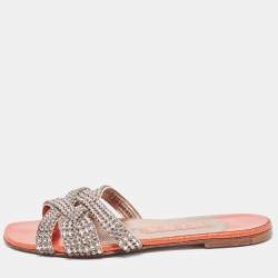 Pre Owned Gina Pink/Orange Crystal Embellished Leather Flat Slides Size 37.5