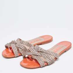 Pre Owned Gina Pink/Orange Crystal Embellished Leather Flat Slides Size 37.5