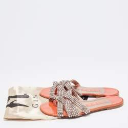 Pre Owned Gina Pink/Orange Crystal Embellished Leather Flat Slides Size 37.5