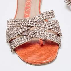 Pre Owned Gina Pink/Orange Crystal Embellished Leather Flat Slides Size 37.5