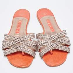 Pre Owned Gina Pink/Orange Crystal Embellished Leather Flat Slides Size 37.5