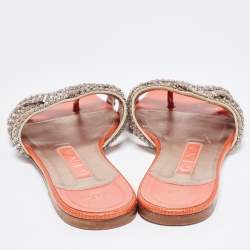 Pre Owned Gina Pink/Orange Crystal Embellished Leather Flat Slides Size 37.5