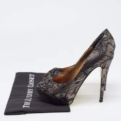 Gina Black/Silver Brocade Fabric Pleated High Heel Platform Pumps Size 39.5