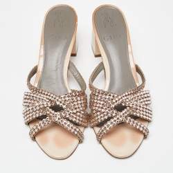 Pre Owned Gina Pink Crystal Embellished Leather Dexie Slide Sandals Size 38