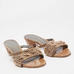 Gina Brown Croc Embossed Patent Leather Crystal Embellished Slides Sandals Size 38