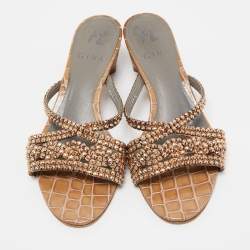 Gina Brown Croc Embossed Patent Leather Crystal Embellished Slides Sandals Size 38